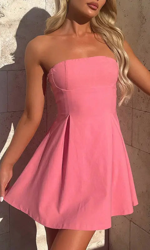 Pink strapless short dress with pleated skirt in Langry fashion