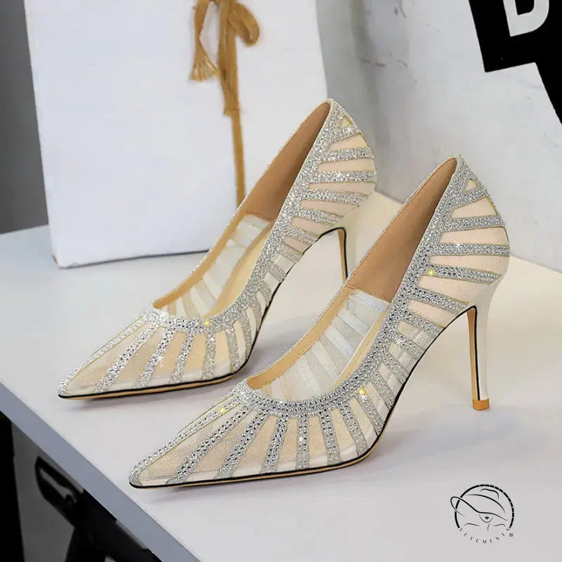 Langry fashion gold glitter high heel pumps with rhinestone accents