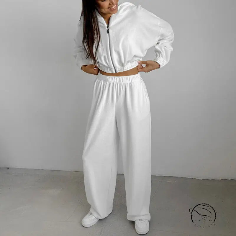 Langry fashion white cropped bomber jacket with velvet hooded set and wide-leg pants