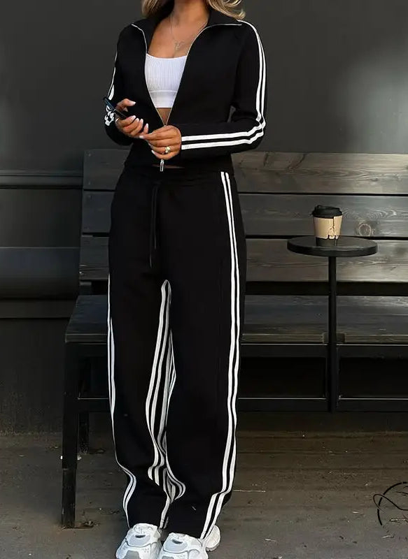 Black long sleeve tracksuit with white stripes, casual fashion set