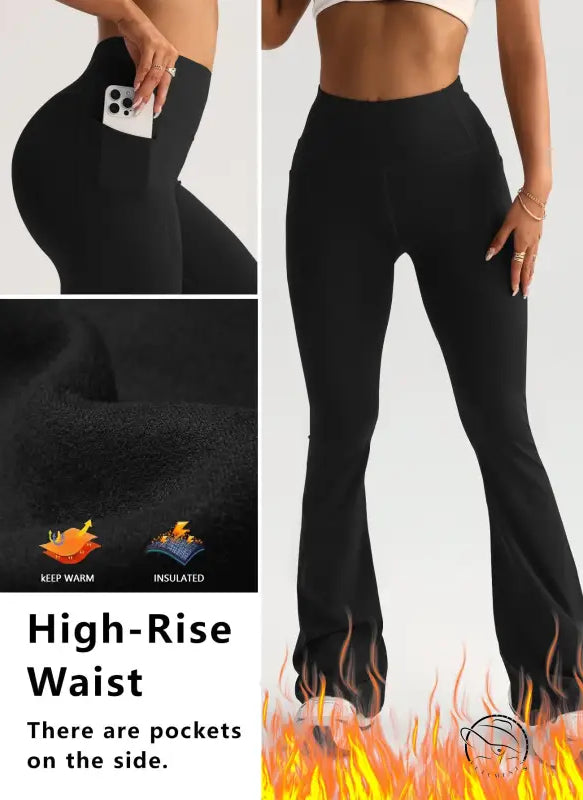 Langry wide leg high waist yoga pants in black insulated fabric with side pockets