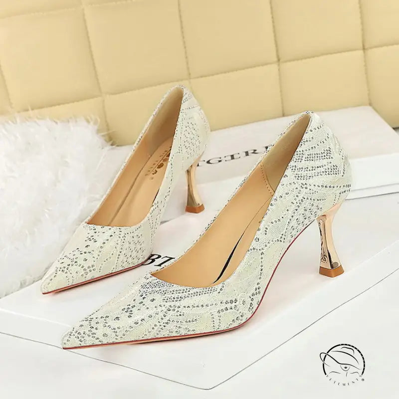 Cream snakeskin langry fashion high heel pumps with rhinestones