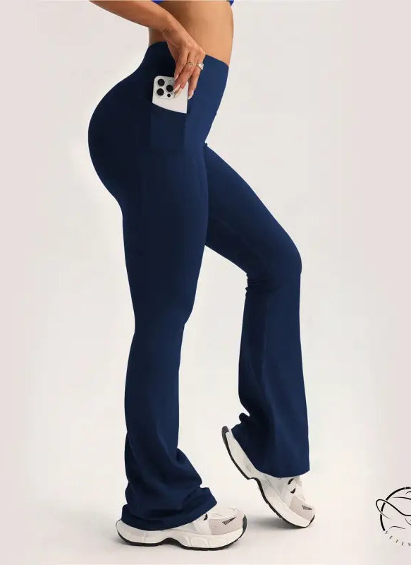 Navy blue langry wide leg high waist yoga pants with phone pocket