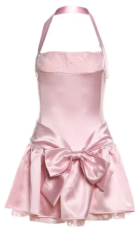 Pink attractive bow halter slim dress with satin fabric and waist bow