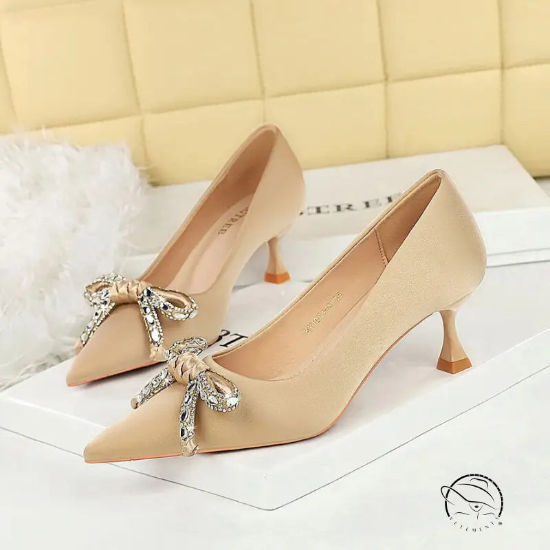Light luxury langry fashion beige satin stiletto heels with rhinestone bow