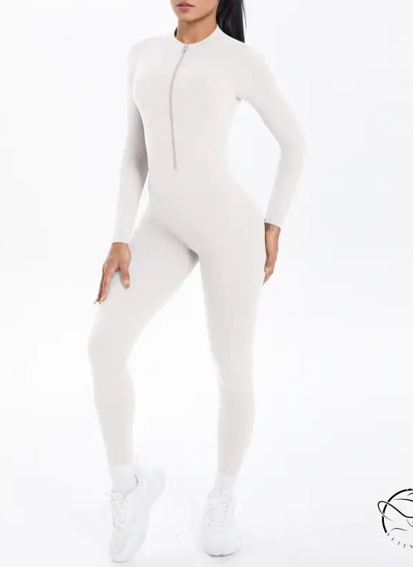 White long sleeve zip-front yoga one-piece athletic suit in langry fashion