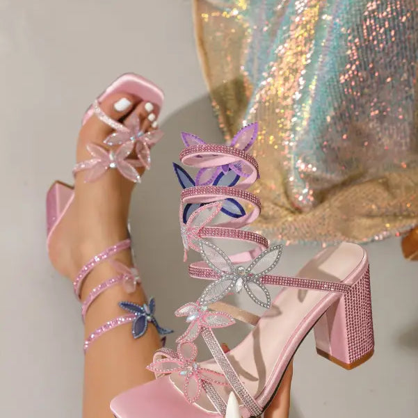 Pink langry fashion Rhinestone Bow Stiletto Heel with glittery floral crystals