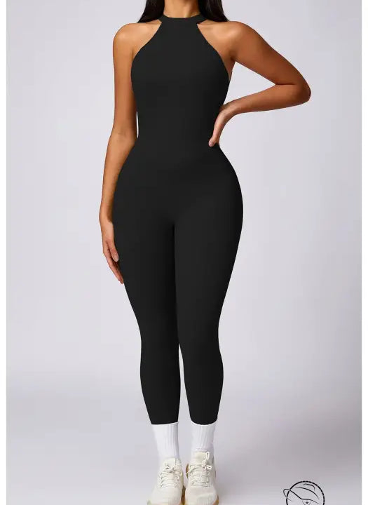 Black langry fashion jumpsuit in stretchy high-neck fabric for yoga