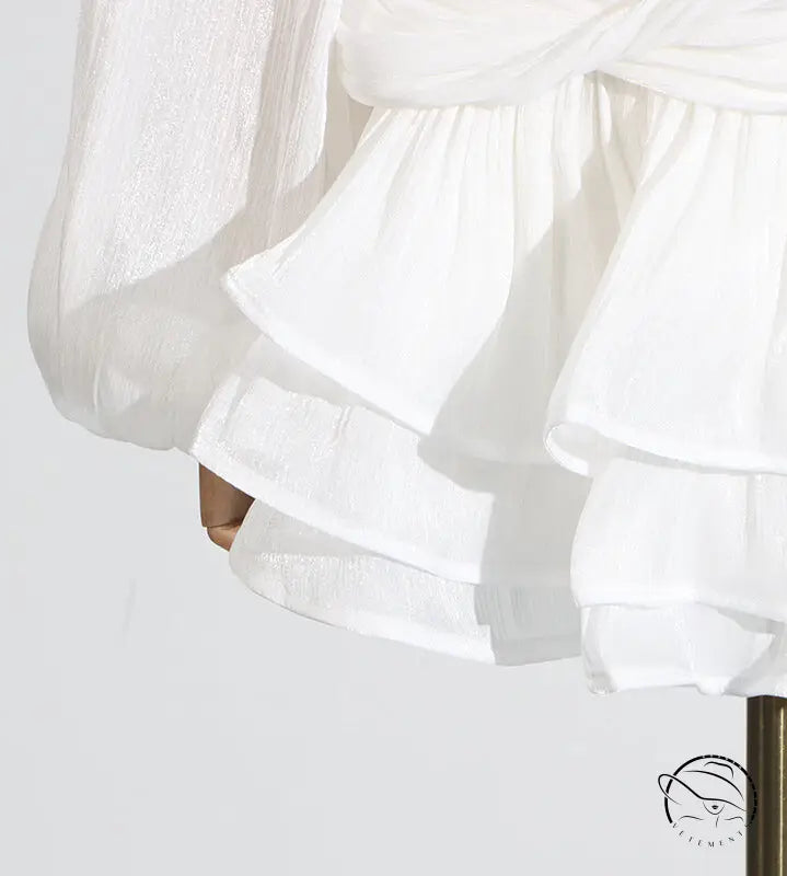 Langry fashion white ruffled blouse with sheer sleeves and frills