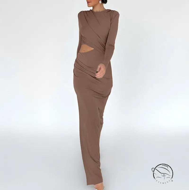 Brown long-sleeved cutout dress in enchanting night out fashion