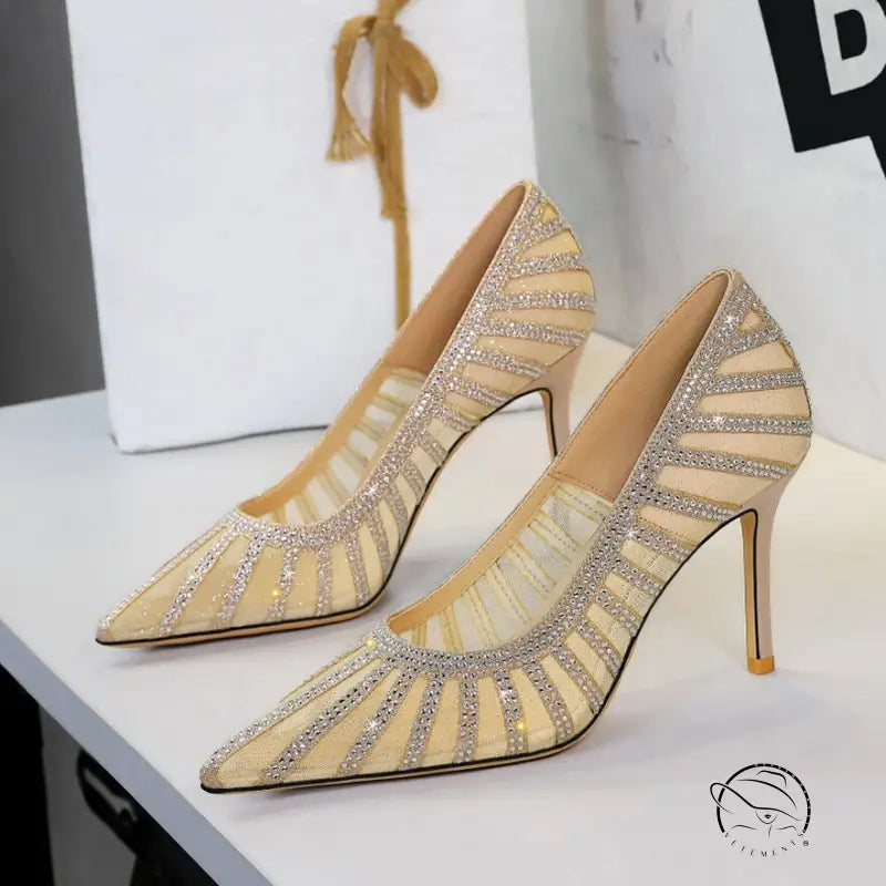 Langry beige rhinestone high-heeled pump with mesh upper for fashion