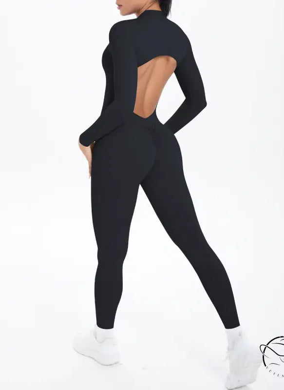 Black long-sleeve yoga bodysuit with back cutout, Long Sleeve Yoga Zipper One Piece