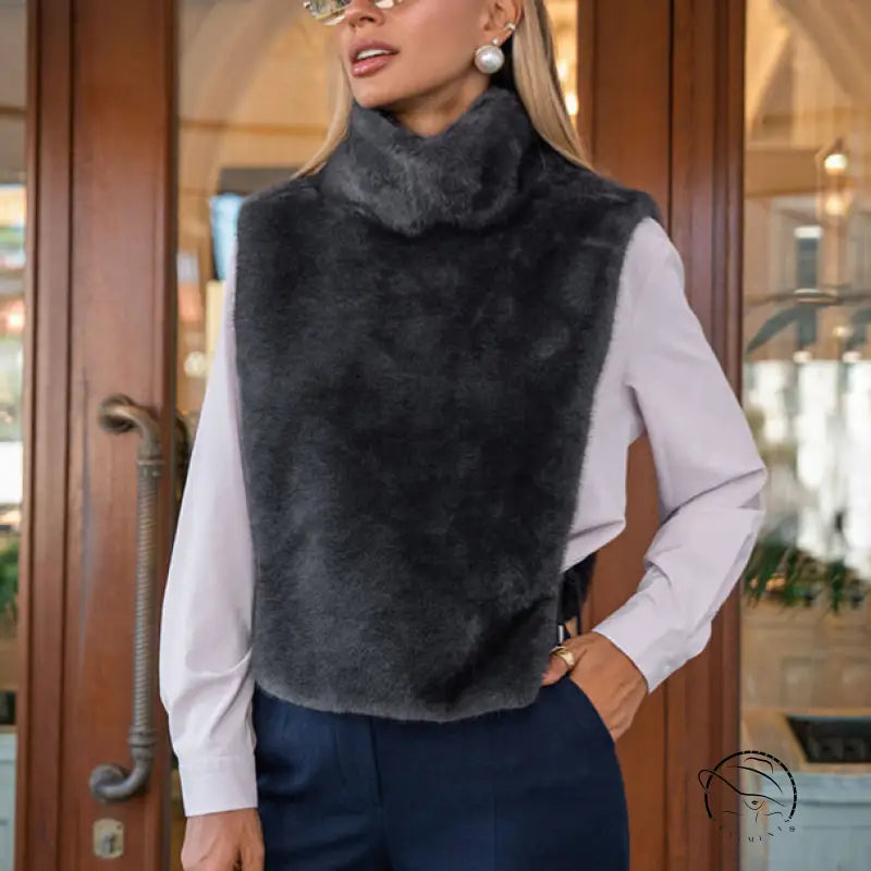 Langry dark gray faux fur vest with high collar for fashion