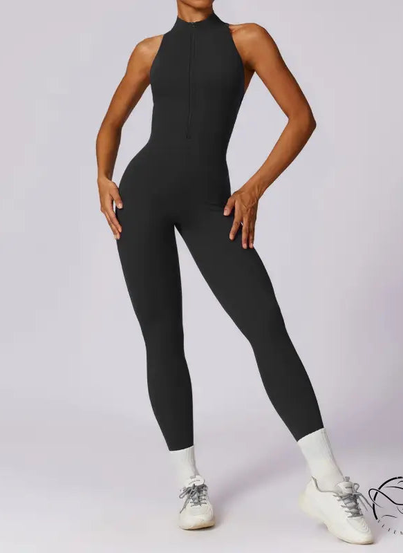 Black langry high-neck sleeveless zip-front yoga jumpsuit in fashion ملابس