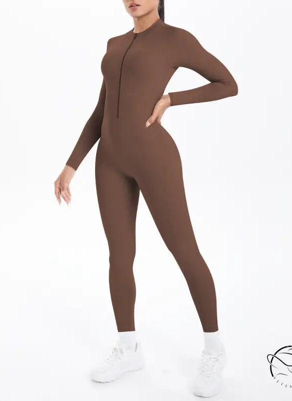 Sleek brown long sleeve yoga zipper one-piece suit in Langry fashion