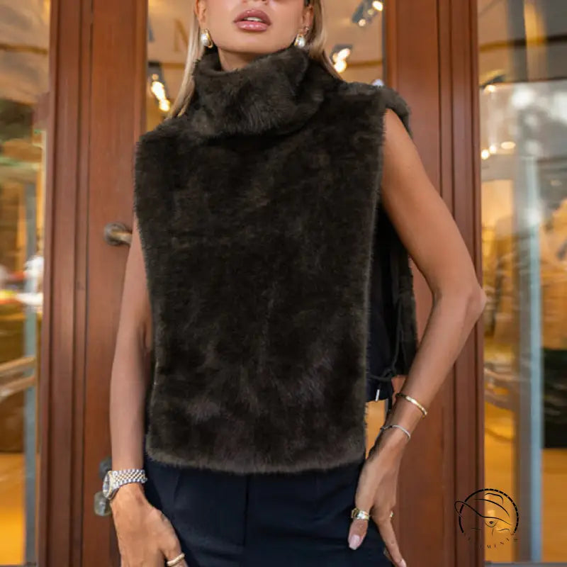 Langry fashion dark brown faux fur sleeveless vest with high collar
