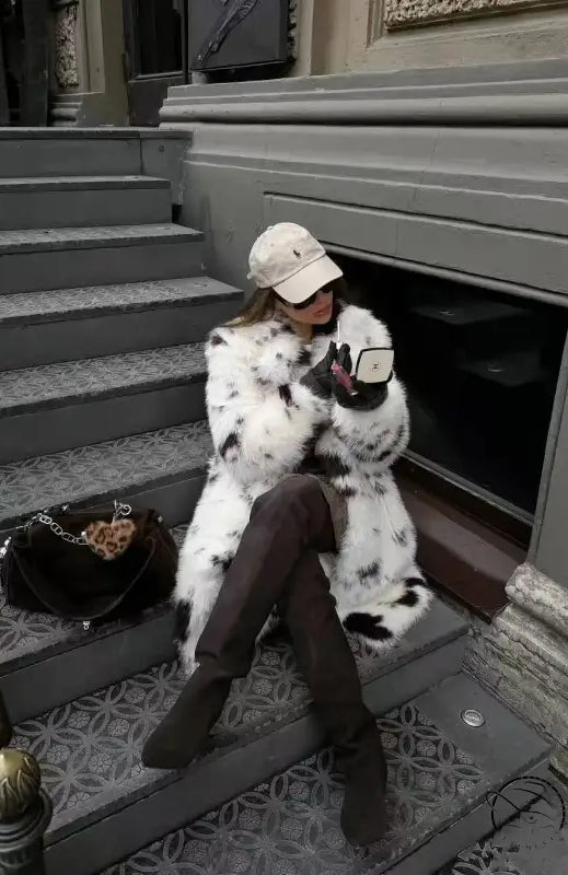 Cozy white and black speckled faux fur long coat with hood from Mackage fashion