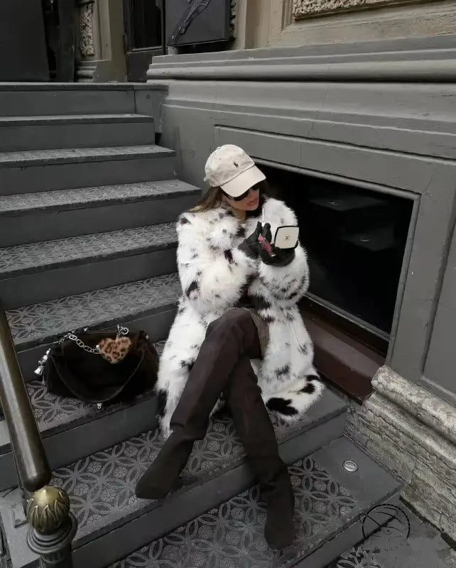 Cozy white and black speckled faux fur long coat with hood from Mackage fashion
