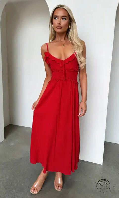 Elegant loose dress: red midi sundress with spaghetti straps and tie-front