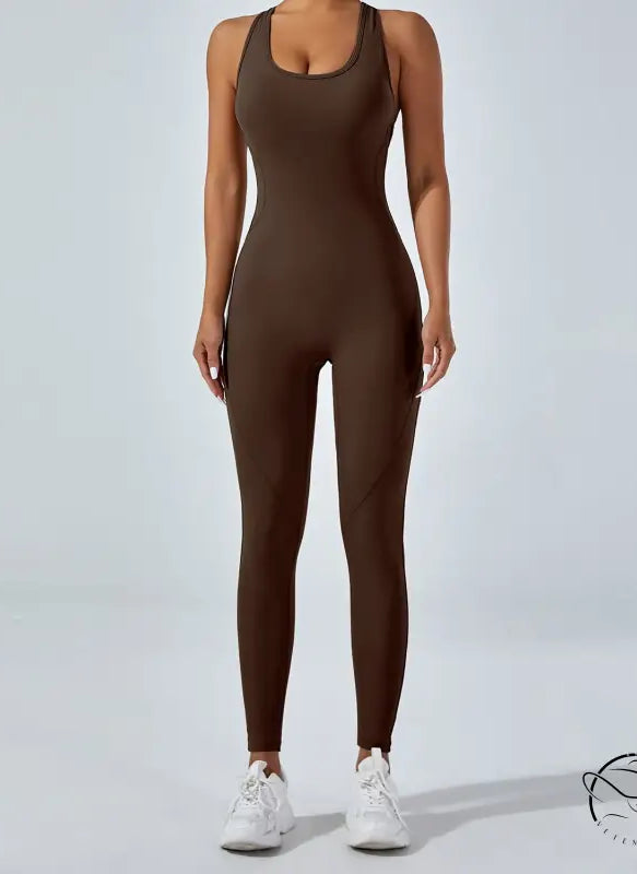 Sleek langry fashion yoga one piece jumpsuit in brown ملابس