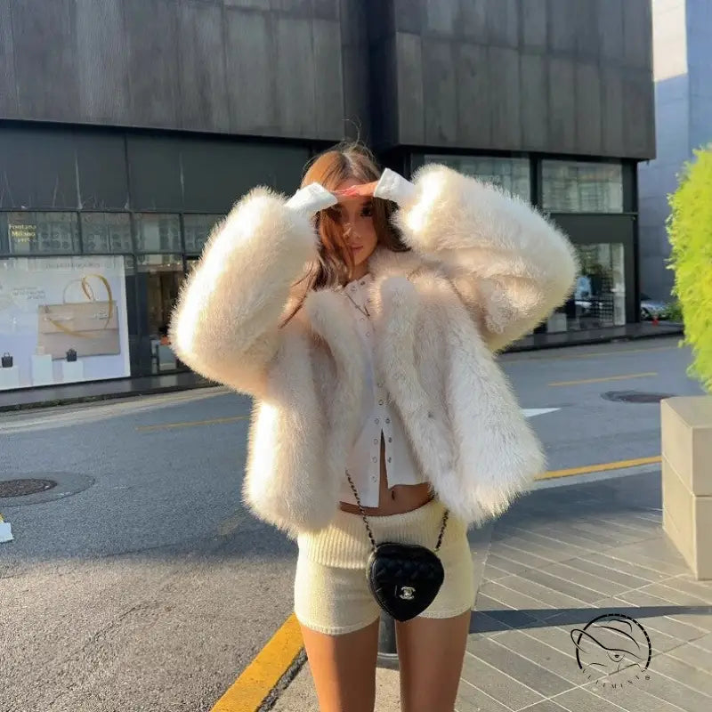 Short loose casual faux fur coat by Langry, cream fluffy cropped design