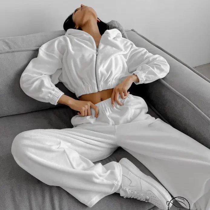 Langry white velvet hooded casual sports set with cropped hoodie and wide-leg pants