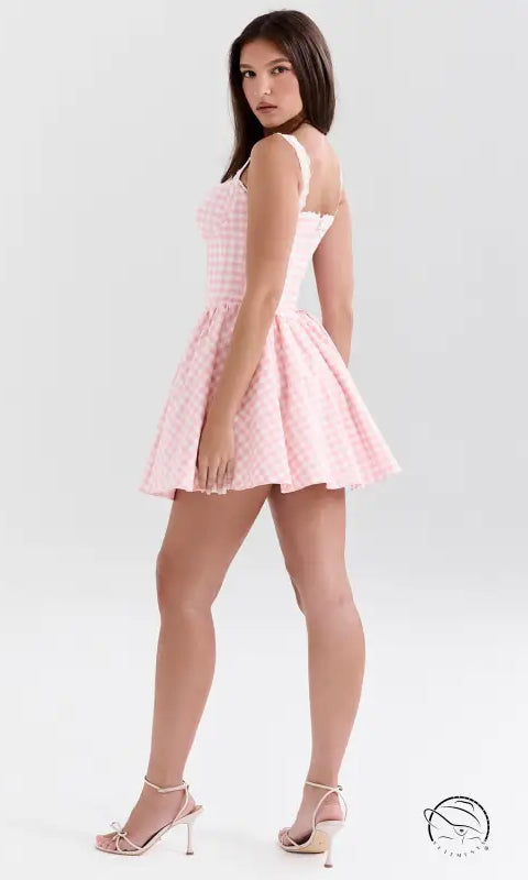 Stunning V neck pink gingham sling dress by Langry
