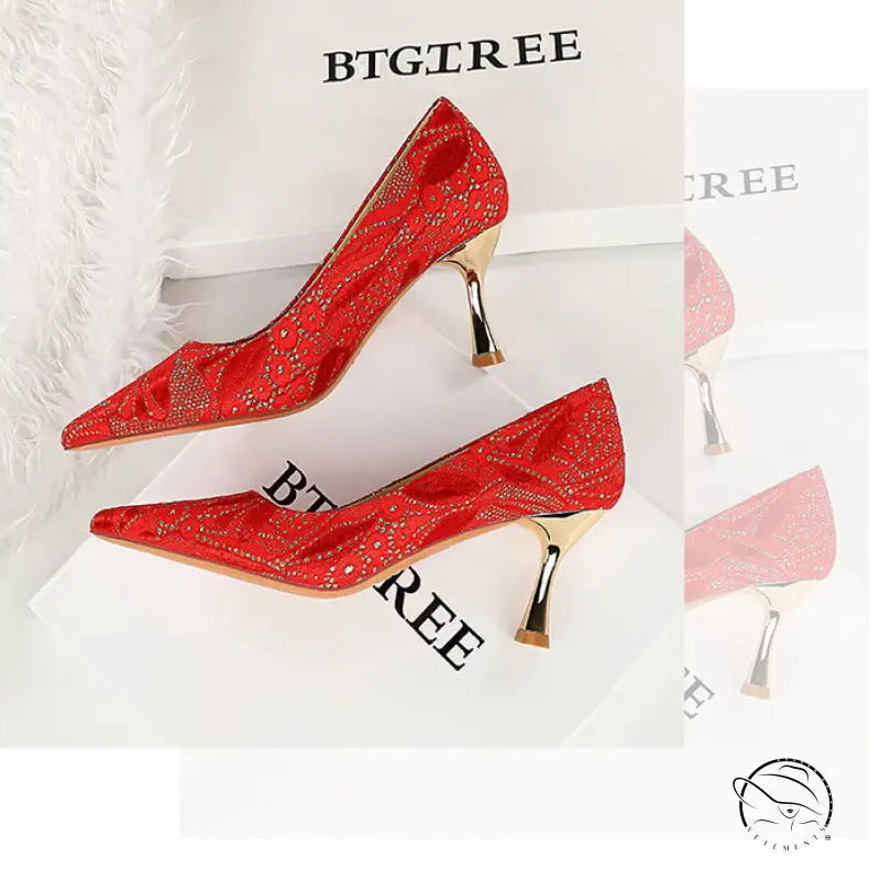 Red glitter langry fashion high heel pumps with gold accents and tassels