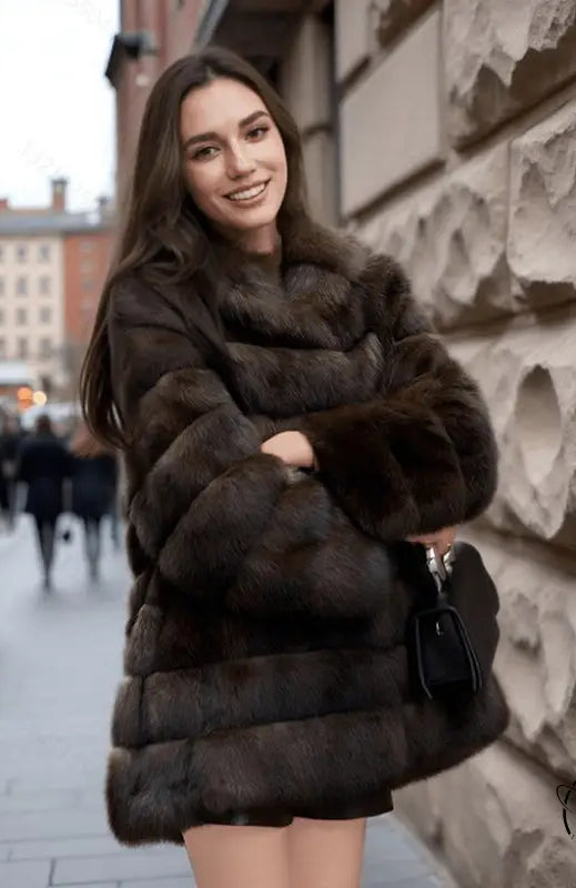 Langry faux fur casual warm mid-length hooded coat with luxurious texture