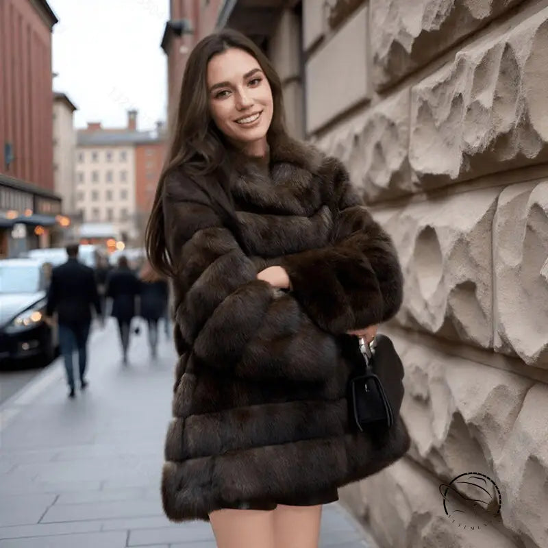 Langry faux fur casual warm mid-length hooded coat with luxurious texture