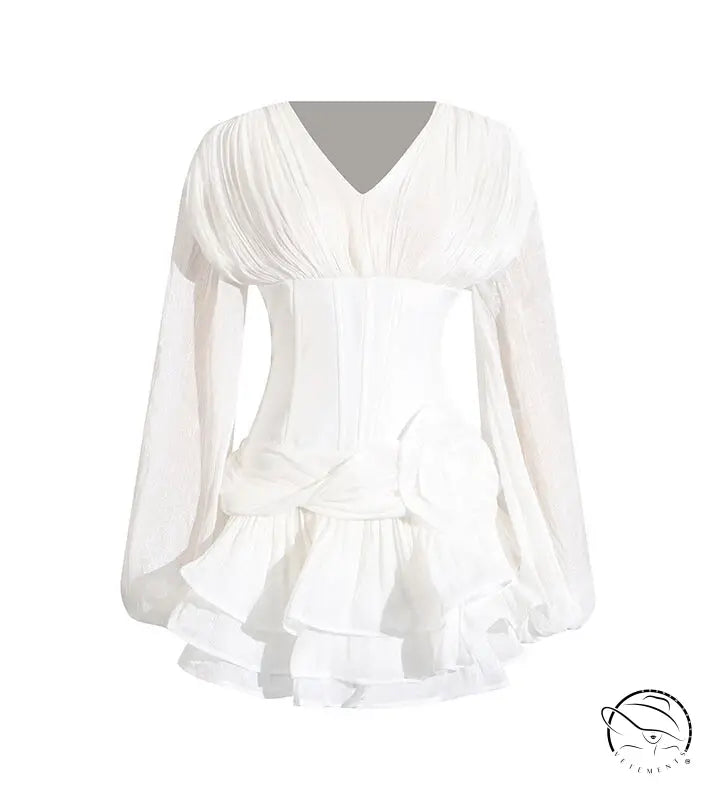 Elegant white ruffled langry fashion blouse with long sleeves and pleated bodice detailing