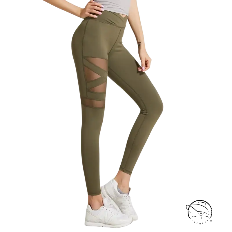 Army green energy flex leggings with mesh thigh panels for fitness yoga