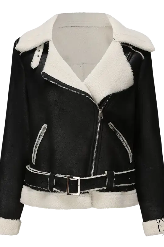 Army green faux shearling leather jacket with fur trim and belt