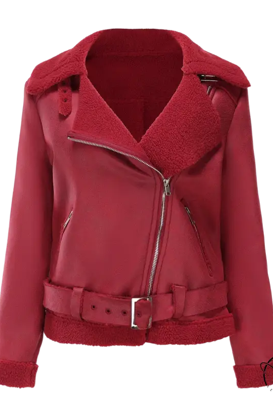 Army green faux shearling leather jacket with belted closure and pockets