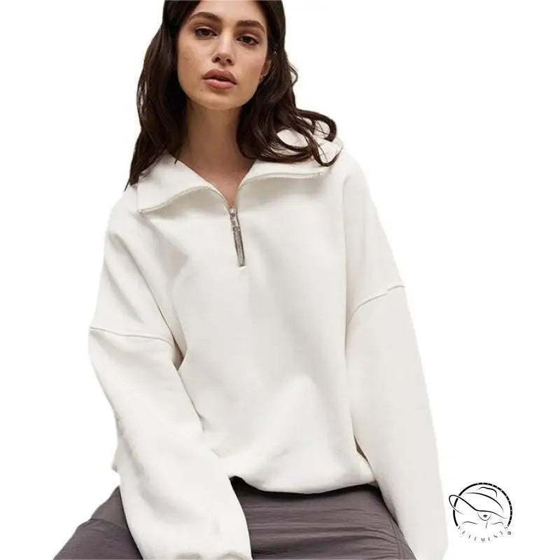 White half zipper autumn winter fleece lined women’s sweatshirt