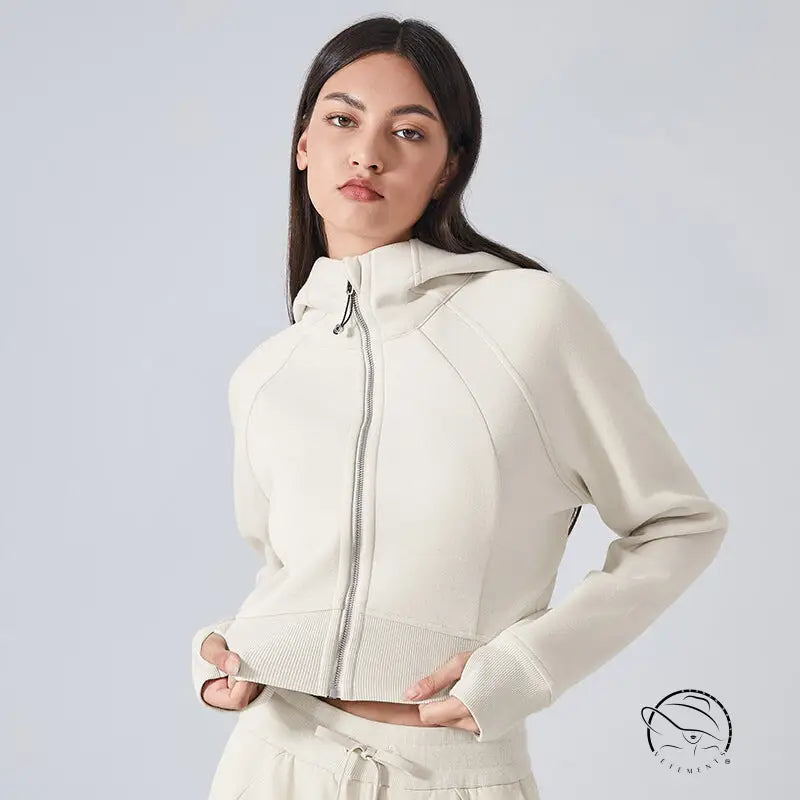 Beige hooded cardigan sweater for women, slim fit yoga jacket