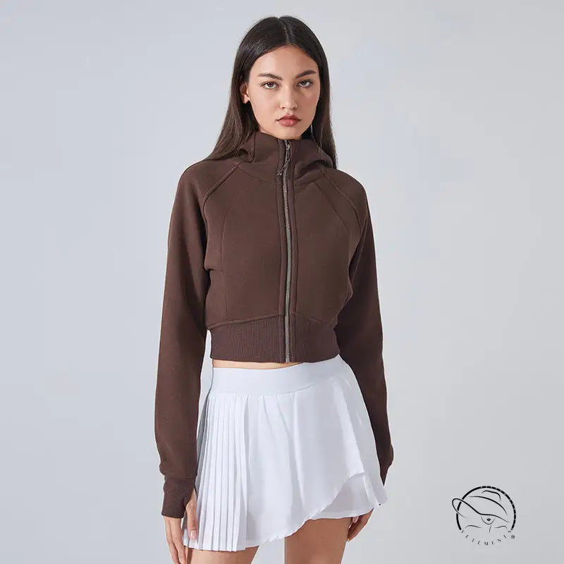 Brown hooded cardigan sweater with white skirt, slim fit yoga jacket