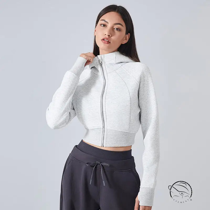 Gray hooded cardigan sweater, cropped zip-up fit for women