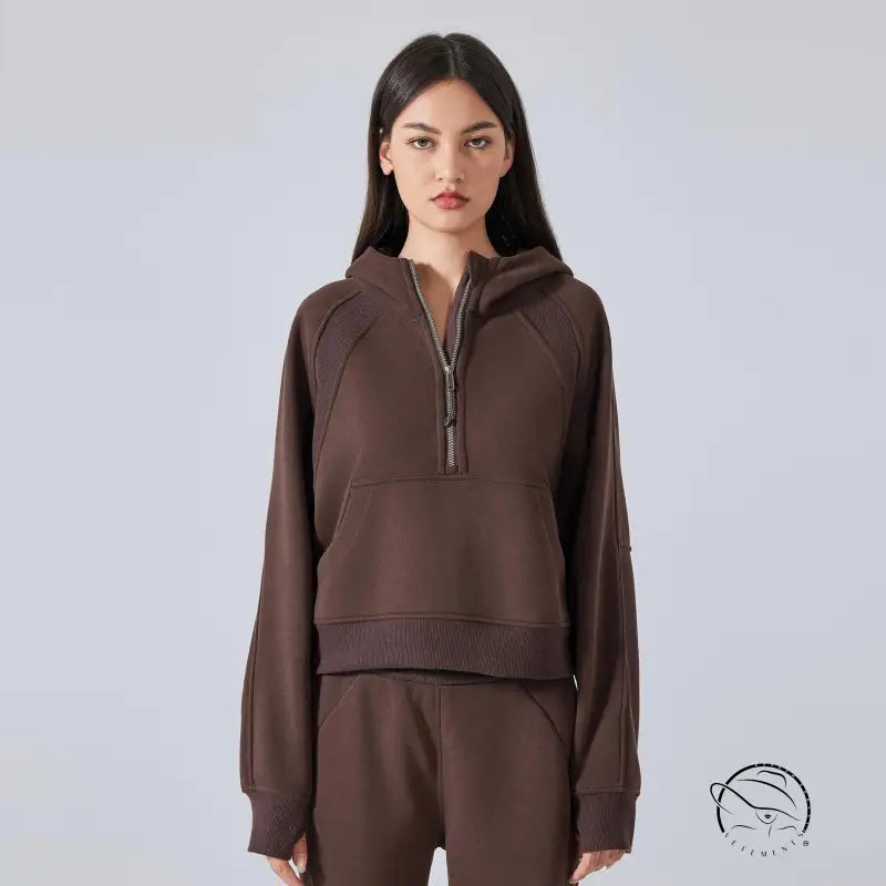 Brown hooded half-zip sweater in Langry autumn fashion