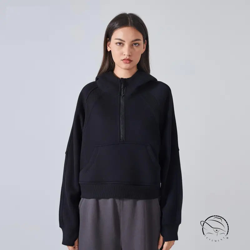 Black langry hooded sweater: fleece-lined half-zip yoga top for women