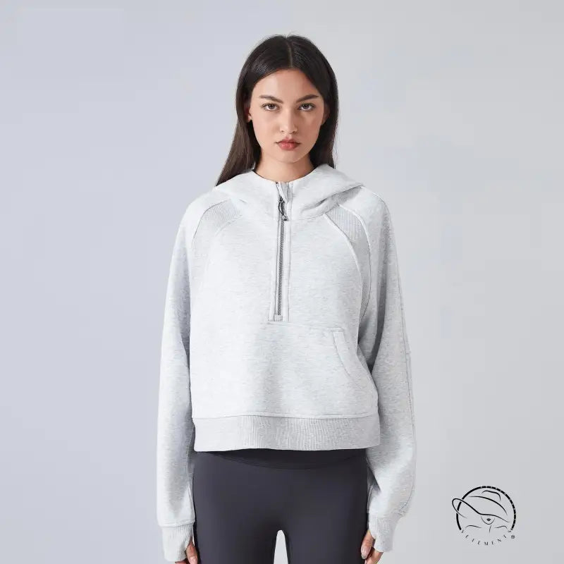 Gray hooded sweater, langry fashion fleece-lined half-zip top for women