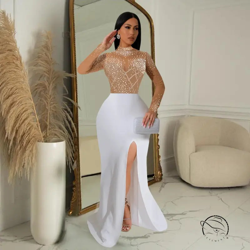Elegant long-sleeved amazing split maxi dress gown