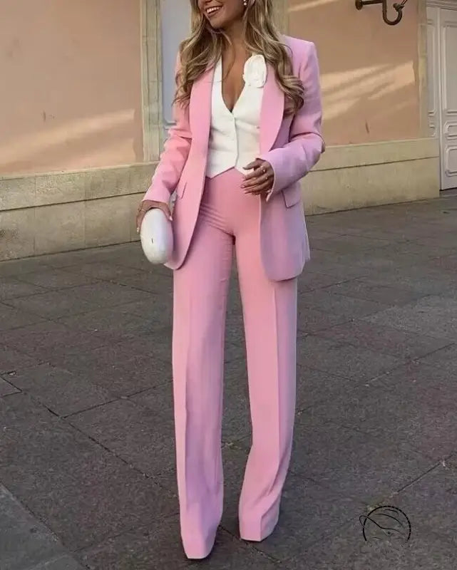 Pastel pink langry fashion blazer with tuxedo collar and high waist trousers