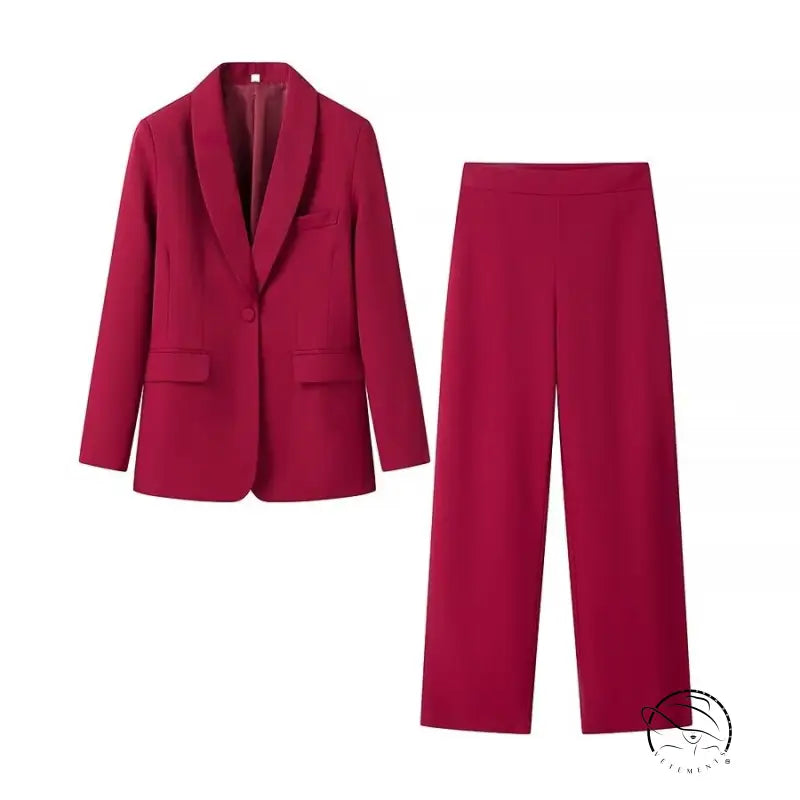 Langry fashion wine-colored tuxedo collar blazer with high-waist wide-leg pants in wool-polyester blend