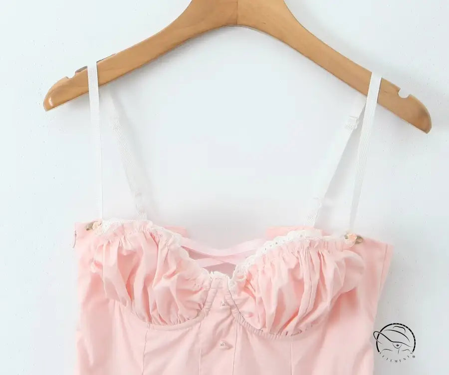 Pink bustier top in enchanting steel bracket short dress on hanger
