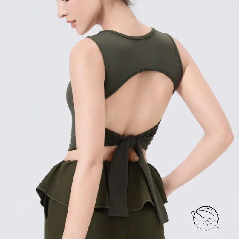 Olive green adjustable shockproof outdoor running bra with peplum top