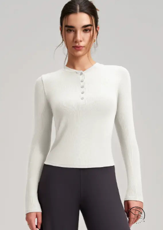 Cream langry fashion yoga long sleeved top in ribbed knit