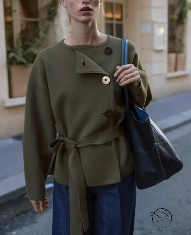Olive green peacoat with belt, buttons, regular sleeve in Langry fashion