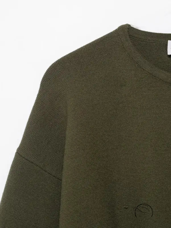 Olive green ribbed knit crew neck sweater with regular sleeve, Langry fashion