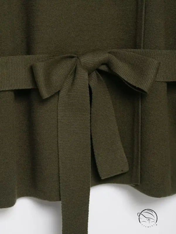 Olive green textured knit sweater with bow tie waistband, regular sleeve Langry fashion